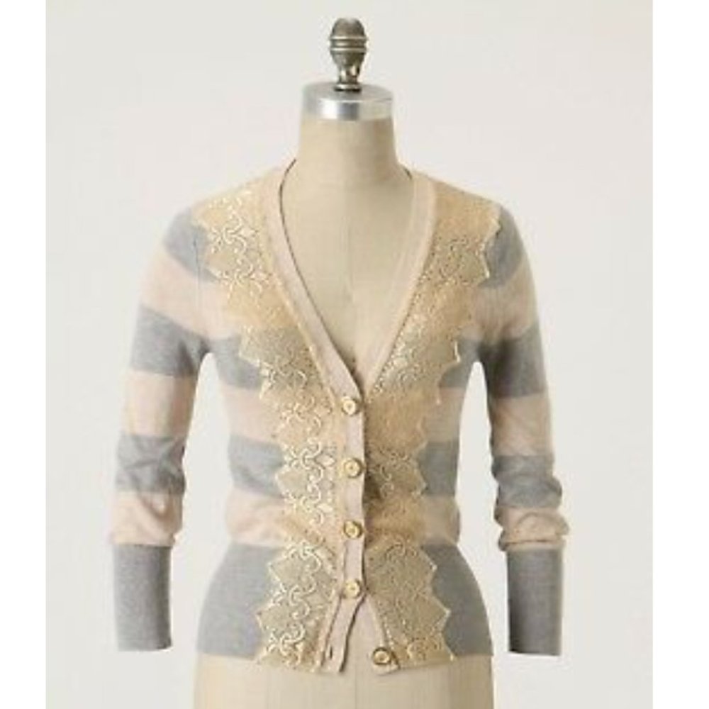 Anthropologie Charlotte Tarantola Field Game Striped Lace Gray Cardigan